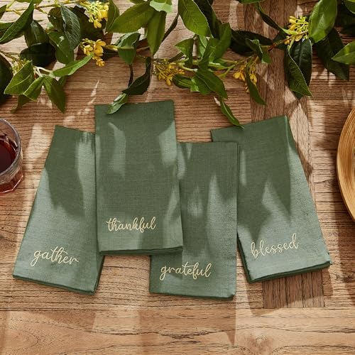Threadmade Harvest Sentiment Embroidered Napkins, Set of 4, Green - 17" W x 17" L