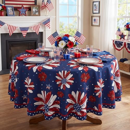 4th of July Tablecloth 60 Inch Round, Patriotic Memorial Day Print Flowers Decorations for Home Table Cloth, Independence Day Blue Seasonal Decor Tablecloths Polyester for Picnic Party Supplies