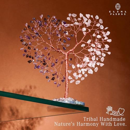 Handmade Healing Crystal Tree of Life Amethyst & Rose Quartz Chakra Tree for Money, Good Luck, Feng Shui Home Decor