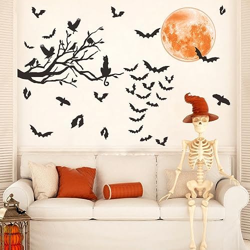 Halloween Moon Bat Wall Sticker Black Tree Branch Crow Wall Decals Clings