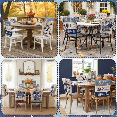 6 Pcs Fall Chair Covers, Vintage Blue Pumpkin Slipcovers