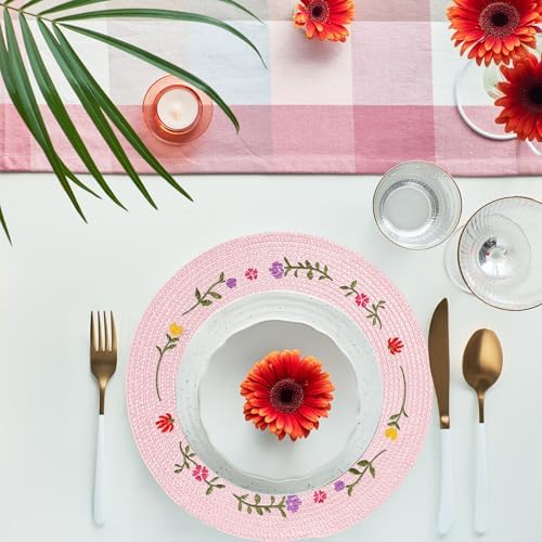 Whaline 4Pcs Spring Flower Embroidered Placemats Round Place Mats Pink Floral Dinner Table Mats for Home Holiday Wedding Bridal Baby Shower Birthday Party Decor