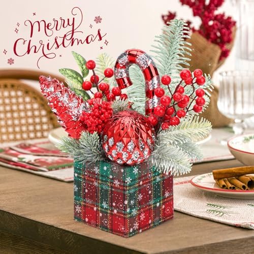 Small Christmas Tree Tabletop Artificial Mini Christmas Tree Decorations with Holiday Ornaments Red Berry Pine Cone Greenery for Home Indoor Fireplace Mantel Xmas Decor (Large-Square-Red)