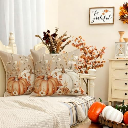 Fall Pumpkin Flower Brown Pillow Covers 18x18 Set of 2 Decor