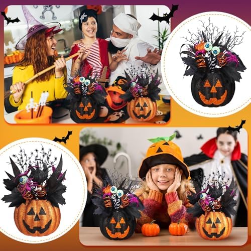 Giegxin 2 Pack Halloween Table Centerpieces Decorations 14'' x 10'' Jack O Lantern Artificial Flowers Pumpkin with Spider and Eyeball Halloween Tabletop Decor for Home Kitchen Indoor Outdoor