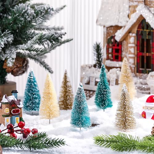 24 Pcs 4 Inch Mini Christmas Tree Bottle Brush Trees Artificial Frosted Sisal Christmas Tree with Wood Base for Christmas Decoration and Display Home Tabletop (Gold, Cyan, Beige)