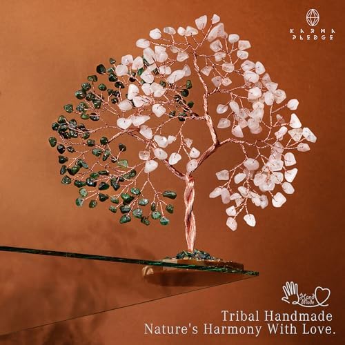 Handmade Healing Crystal Tree of Life Green Aventurine & Rose Quartz Chakra Tree for Money, Good Luck, Feng Shui Home