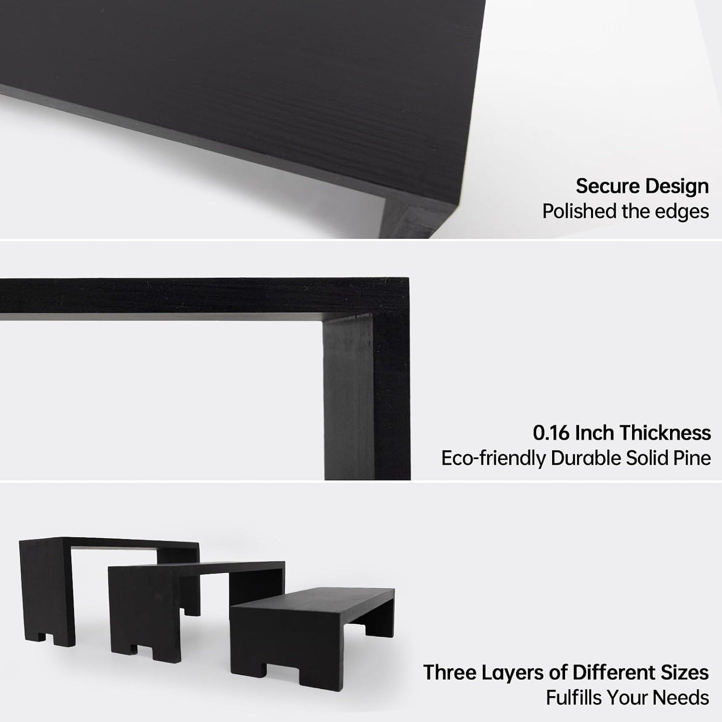 Yikaroeli 2 Set Large Black Display Risers Wooden Tiered Risers for Display Stand 4 Tiered 8Pcs Racks Perfume Organizer