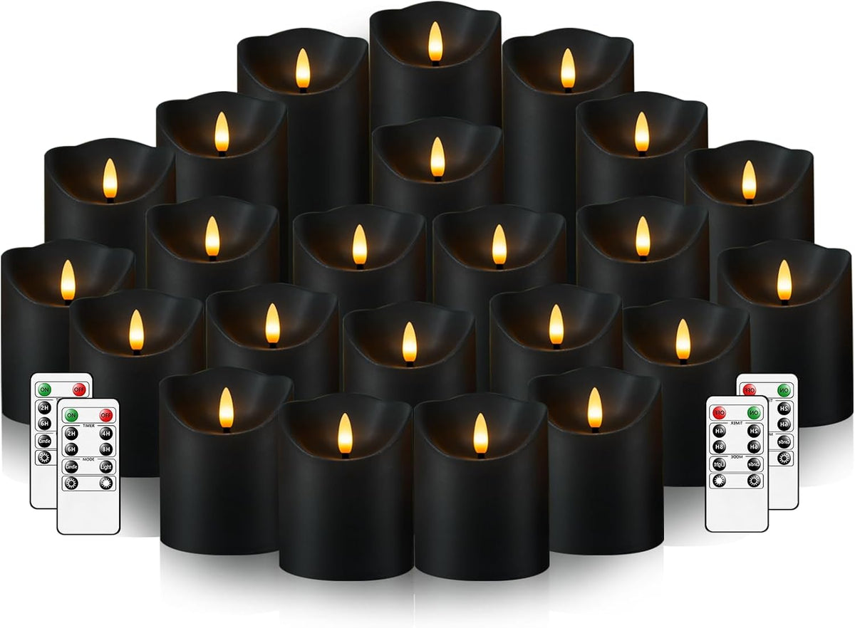 Nimiko Flameless Candles with Remote, Battery Operated Flickering Flameless Candles, LED Candles with Timer 2/4/6/8H, with Realistic LED Candles Set of 24 (D3 x H 3" 4" 5") (Black)