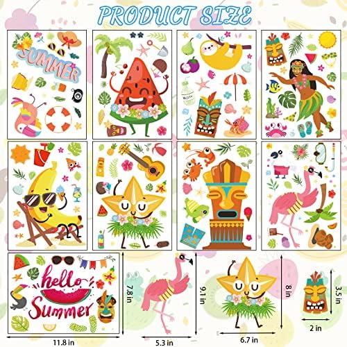 88Pcs Summer Window Clings, Summer Hawaii Gnomes Sun Beach Ice Cream Drinks Sunglasses Window Stickers Decals, Window Decals for Summer Party Decor Tropical Themed Party Beach Party Decor