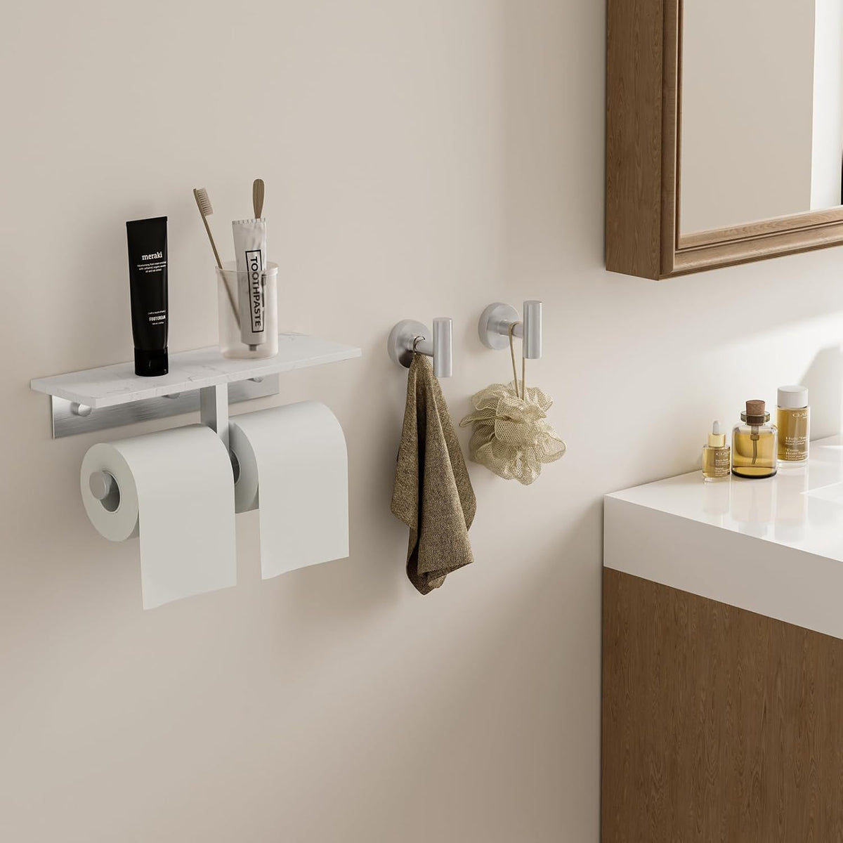 BWE Double Toilet Paper Holder with Shelf Wall Mounted Tissue Roll Holder | Commercial Toilet Paper Dispenser for