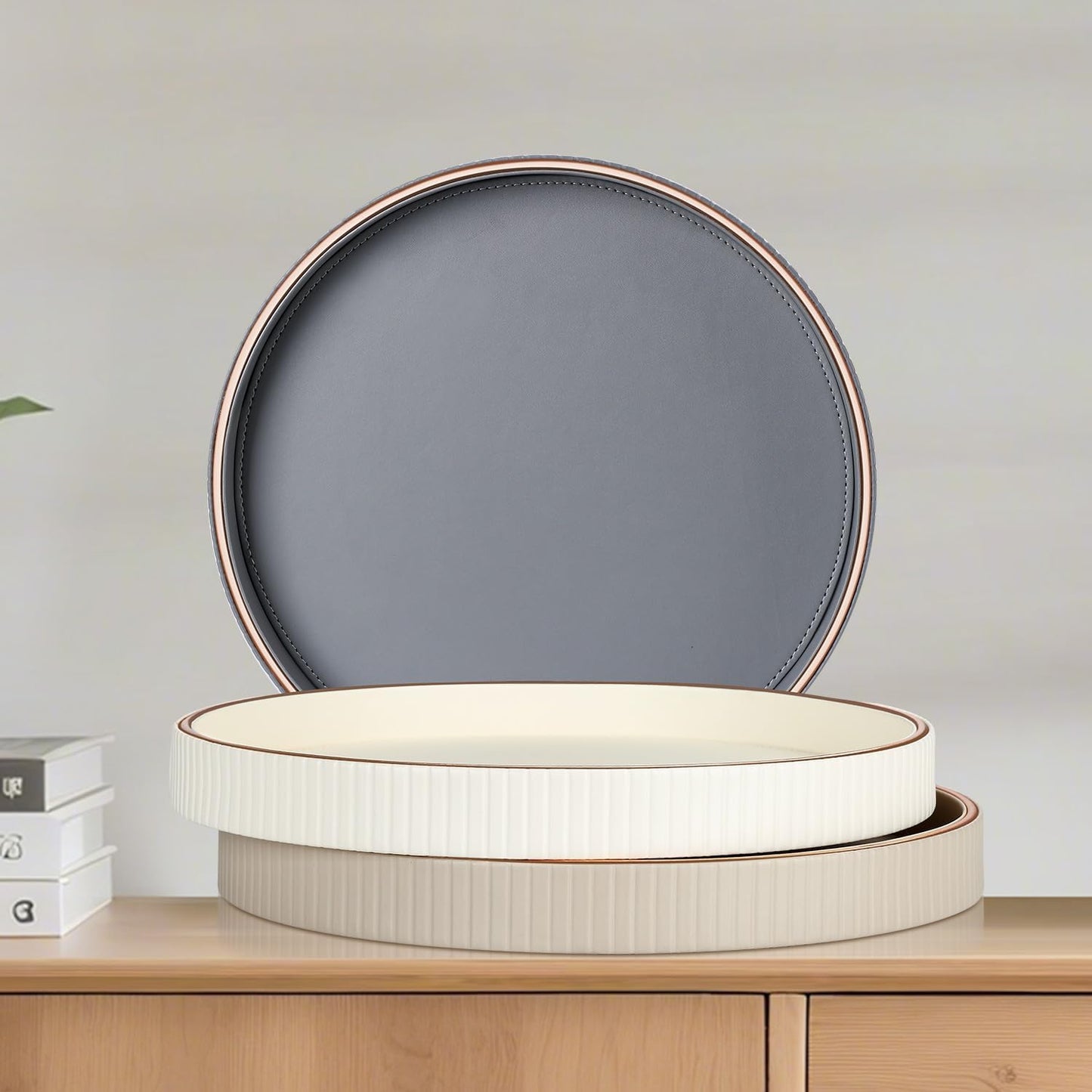 PU Leather Compact Table Tray / Cream White