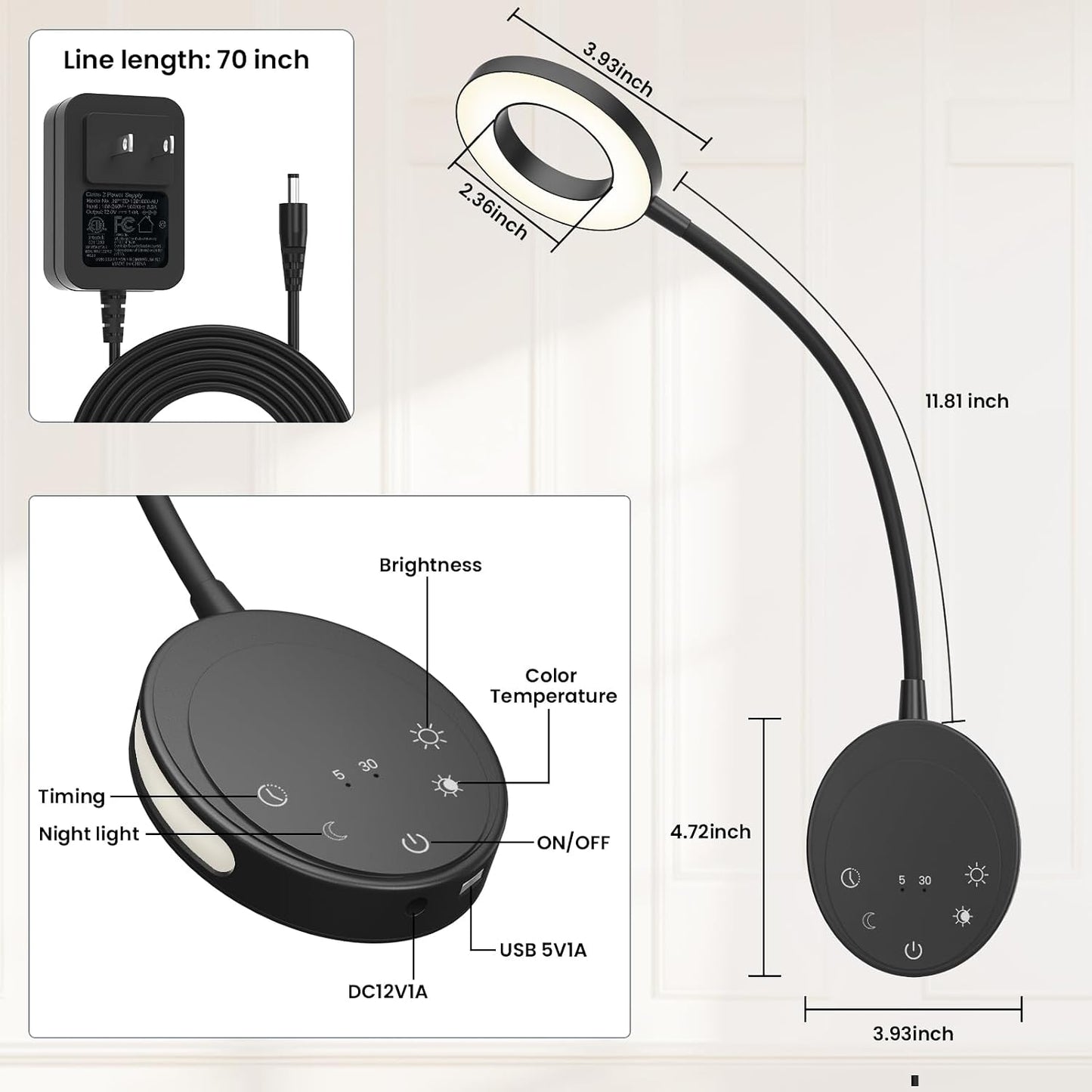 Wall Mounted Reading Light, Bedside Headboard Lights with 5 Color Temperature & 5 Dimming, 360 Flexible Gooseneck, USB