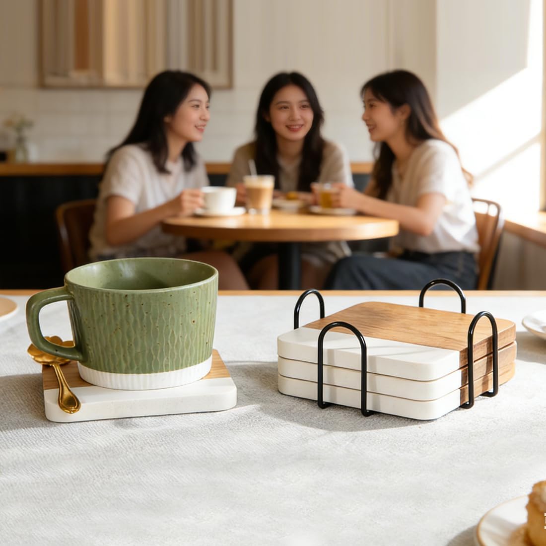 Holder / Acacia Wood Marble Coasters for Drinks / White Marble + Holder / Set of 4