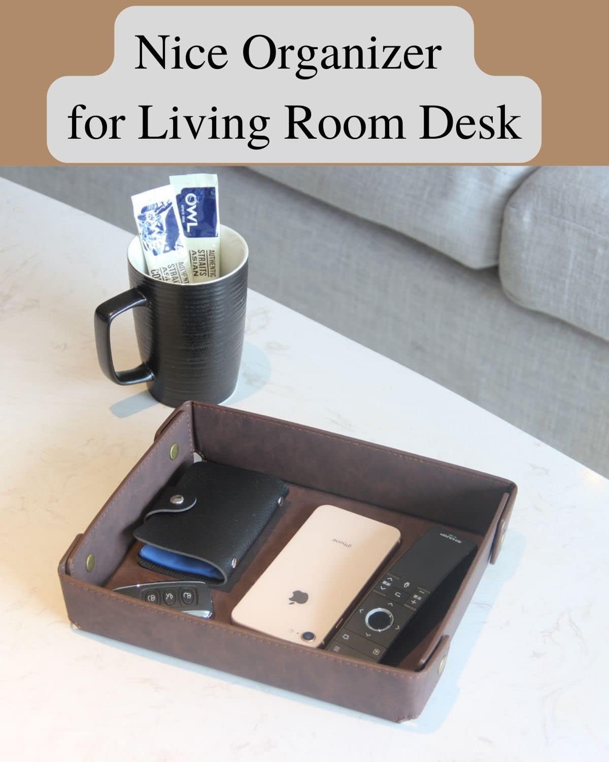 Faux Leather Valet Tray Organizer for Men / Coffee Brown / Rectangle
