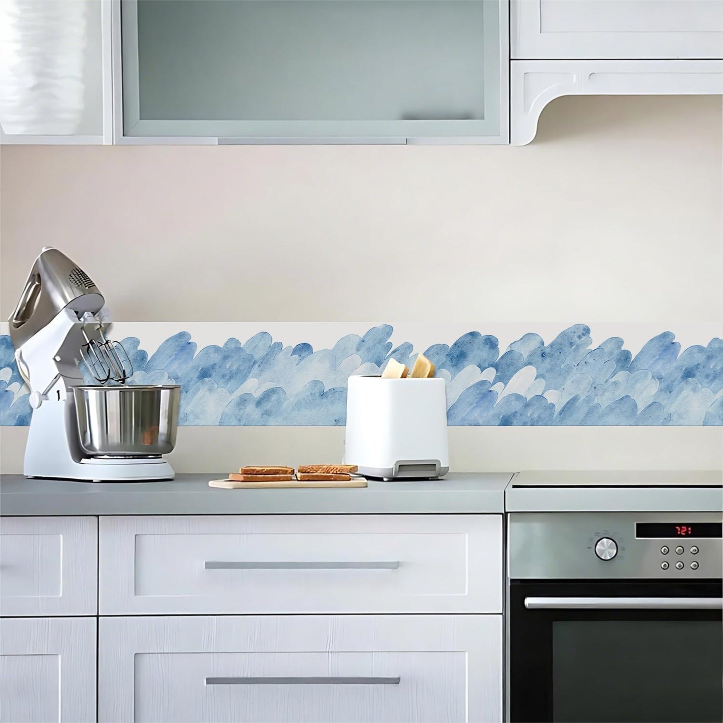 Modern Watercolor Ink Wave Wallpaper Border Peel and Stick Wall Border / VPJ-004 / 393 x 4 / Blue