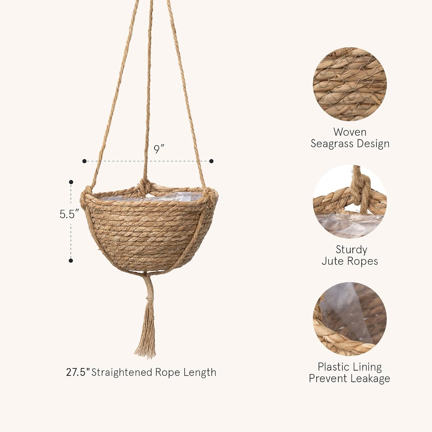 Natural Seagrass Hanging Planter Basket Set / Brown / Small