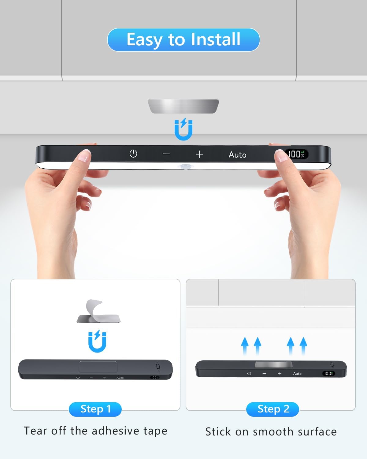 Ferswe Under Cabinet Lights Rechargeable, Battery Level Display, 60 LED Motion Sensor Cabinet Light, Dimmable Touch