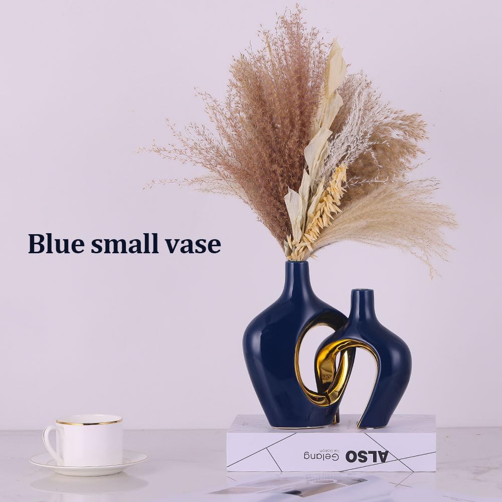 Blue Hollow Ceramic Vases / Blue and Gold / Set of 2