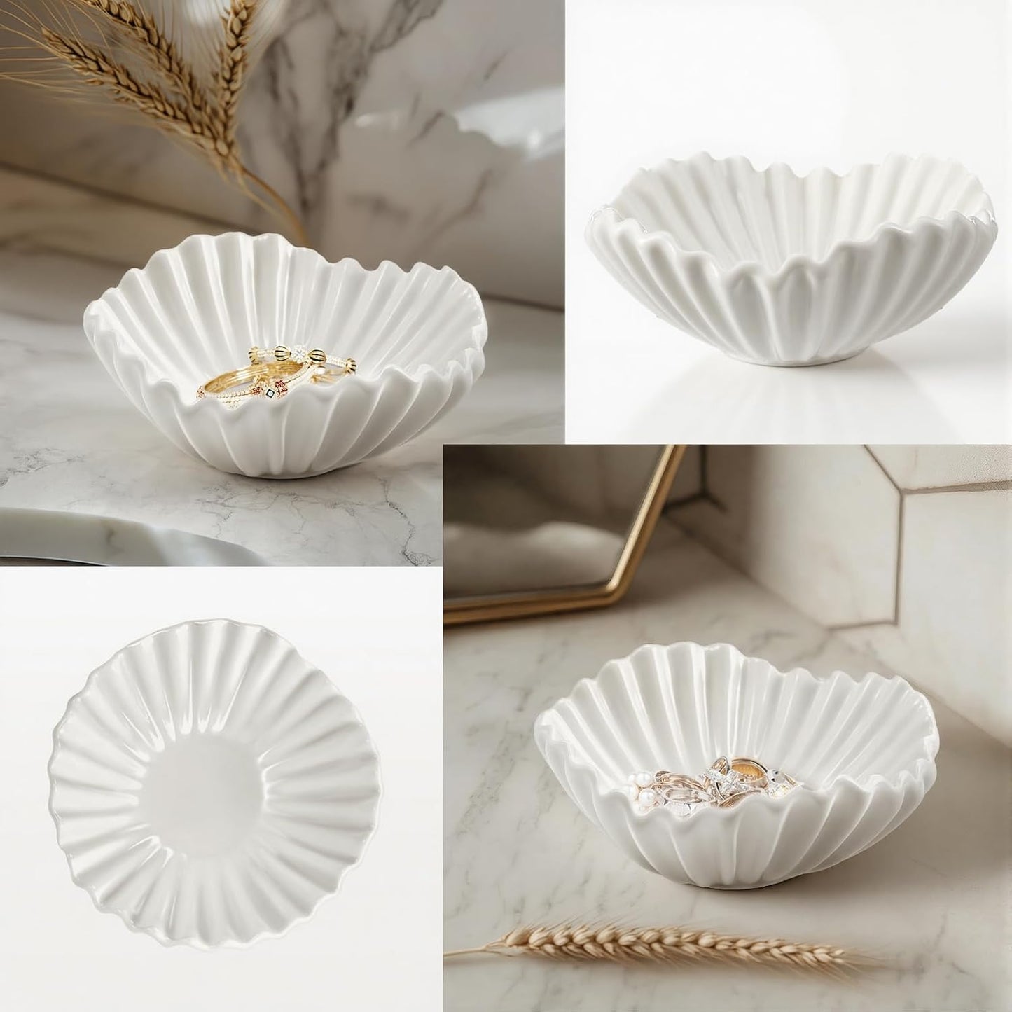 Ceramic Ruffle Bowl 3 Sizes Scalloped Decorative Bowls Fruit or Key Holder / White / Set of 3