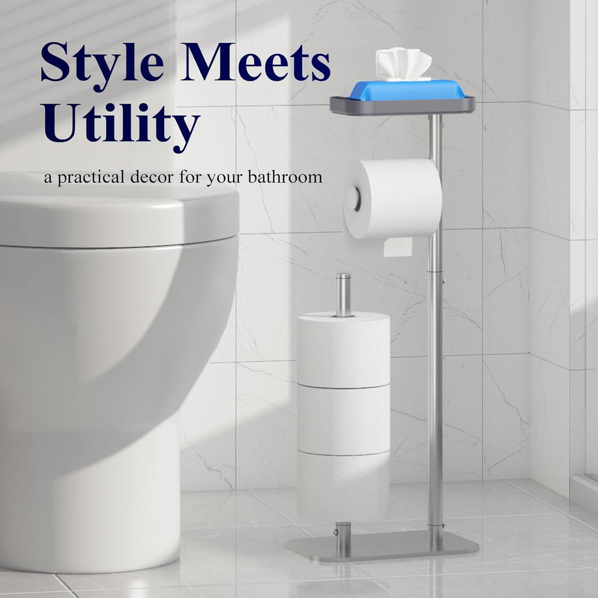 Kitsure Metal Toilet Paper Holder Free Standing, Medium, Silver | Rustproof Toilet Paper Stand for 4 Rolls, Bathroom