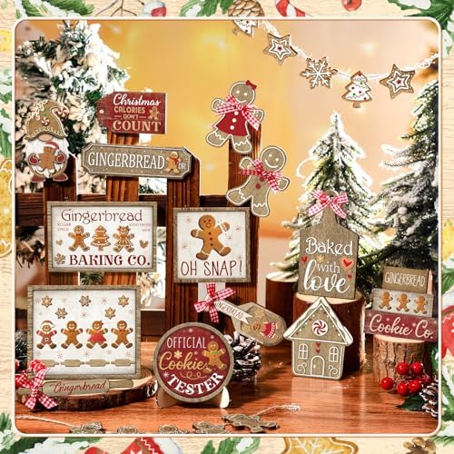 Shellwei 24 Pcs Christmas Tiered Tray Decor Set Wood Rustic Gingerbread Christmas Decoration Winter Farmhouse Decor Xmas Trees Gnome Elk Snowflake Signs for Table Shelf Home Centerpiece (Cute)