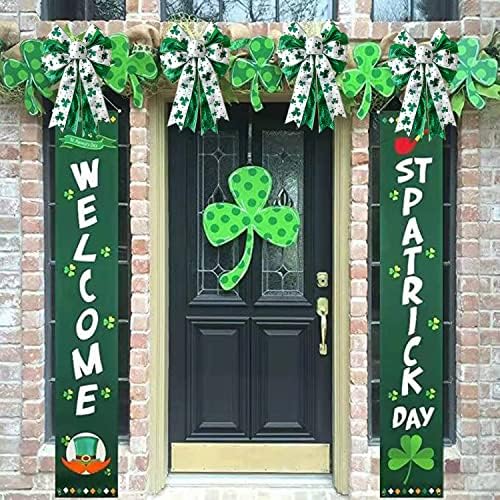St Patricks Day Bow for Wreath Decorations,11.4 * 19.6in Large White Green Glitter Shamrock Bowknot Irish Holiday Crafts Bows for Tree Topper Front Door Outdoor Outside