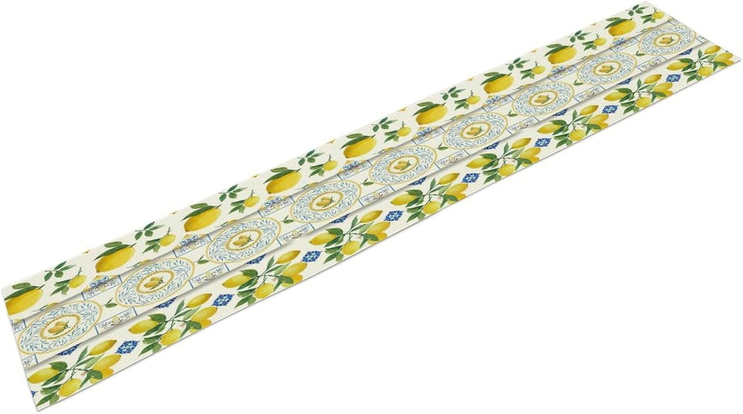 Lemon Table Runner,Summer Blue Tiles Lemons Pattern Printed Linen Table Runner for Home Kitchen Dining Table