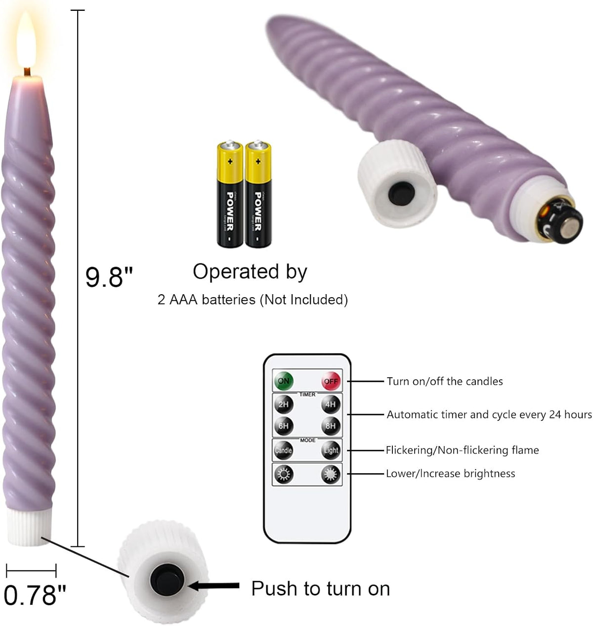Purple Flameless Taper Candles Flickering with Remote Timer | LED Spiral Taper Candles, Flameless Candlesticks, Battery