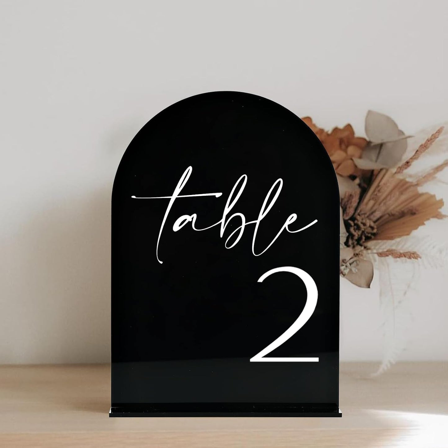 Black Arch Acrylic Table Numbers with Stands 1-25, 5x7" Black Arched Acrylic Sign and Base, Arch Table Numbers for