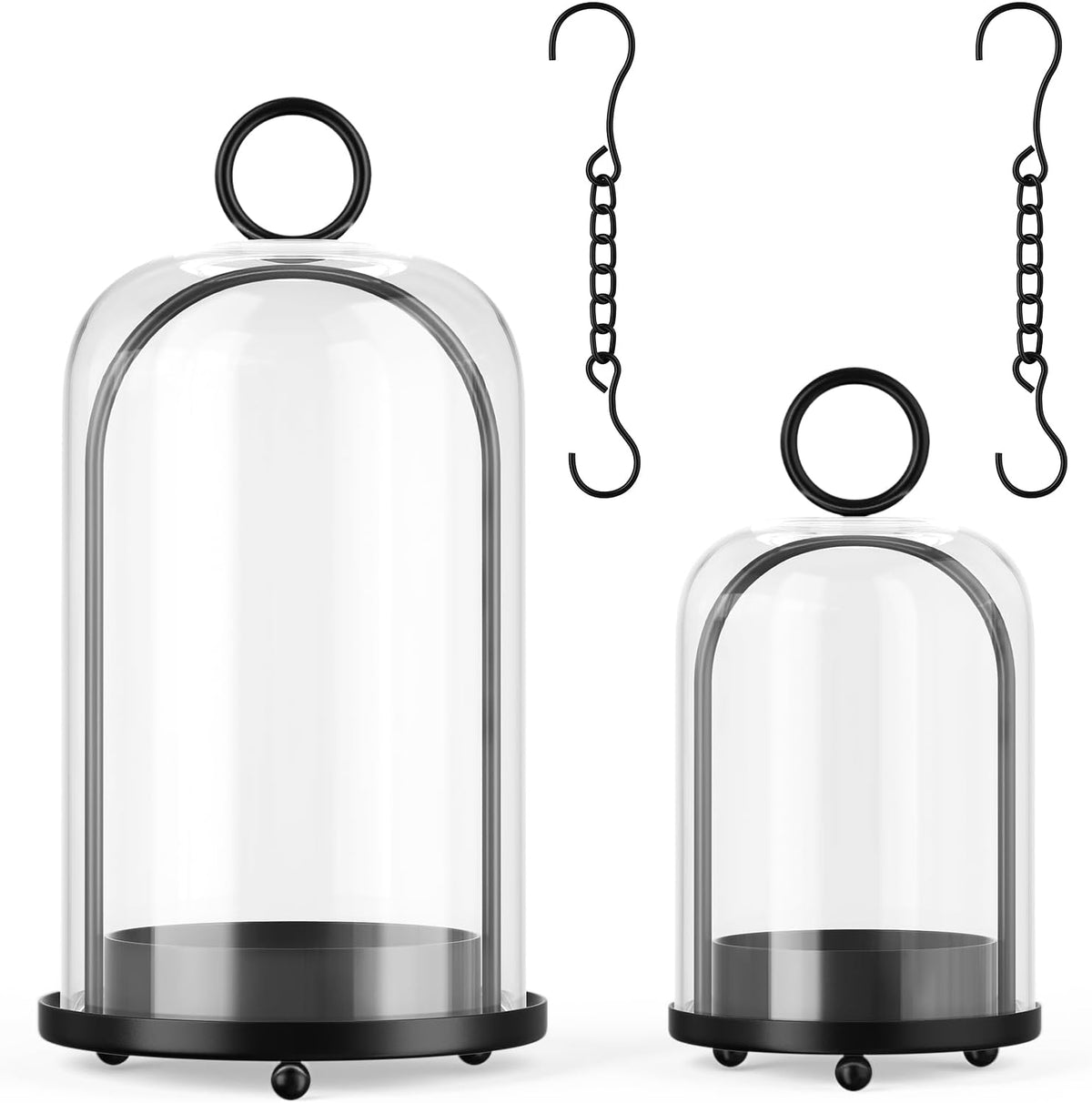Metal Candle Holder, 5"&4" Wide Hurricane Glass Candle Holders with Handmade Glass Dome, Hanging Candle Lantern for