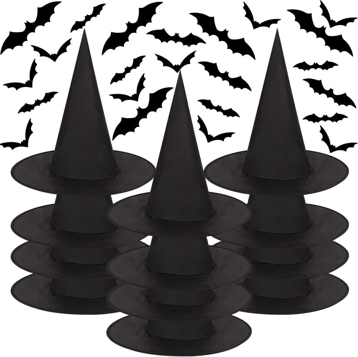 CCINEE 12 Pcs Halloween Decoration Witch Hats, Bulk Hanging Witch Costume Caps Accessories with 120 Pcs Bat Wall Stickers for Halloween Themed Party Yard Decoration