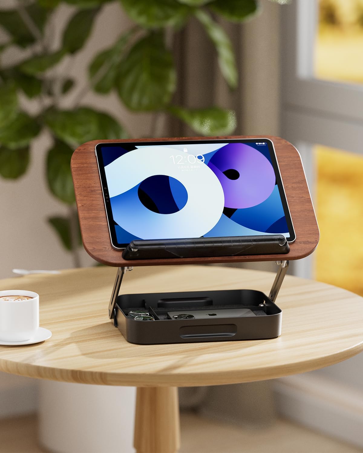 Adjustable Book Stand with Storage Drawer, 360° Rotating Book Holder, Height & Angle Adjustable, Extra-Wide Page Clips