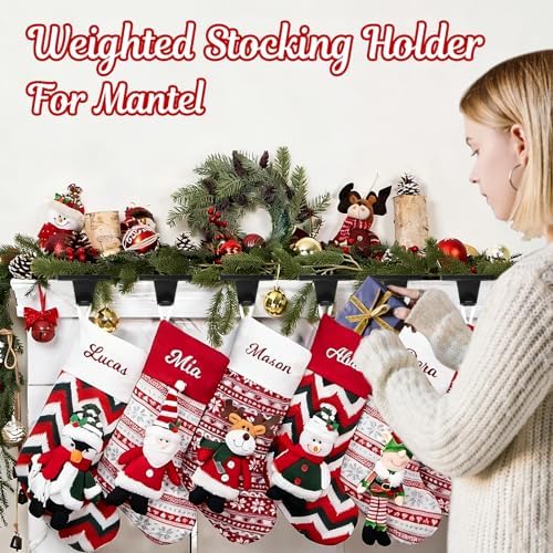 HMASYO Christmas Stocking Holders for Mantle Set of 6, Black Heavy Duty Iron Stocking Hangers Base, Low Profile Weighted Stocking Holder Hooks for Fireplace Tabletop Shelf Christmas Decoration