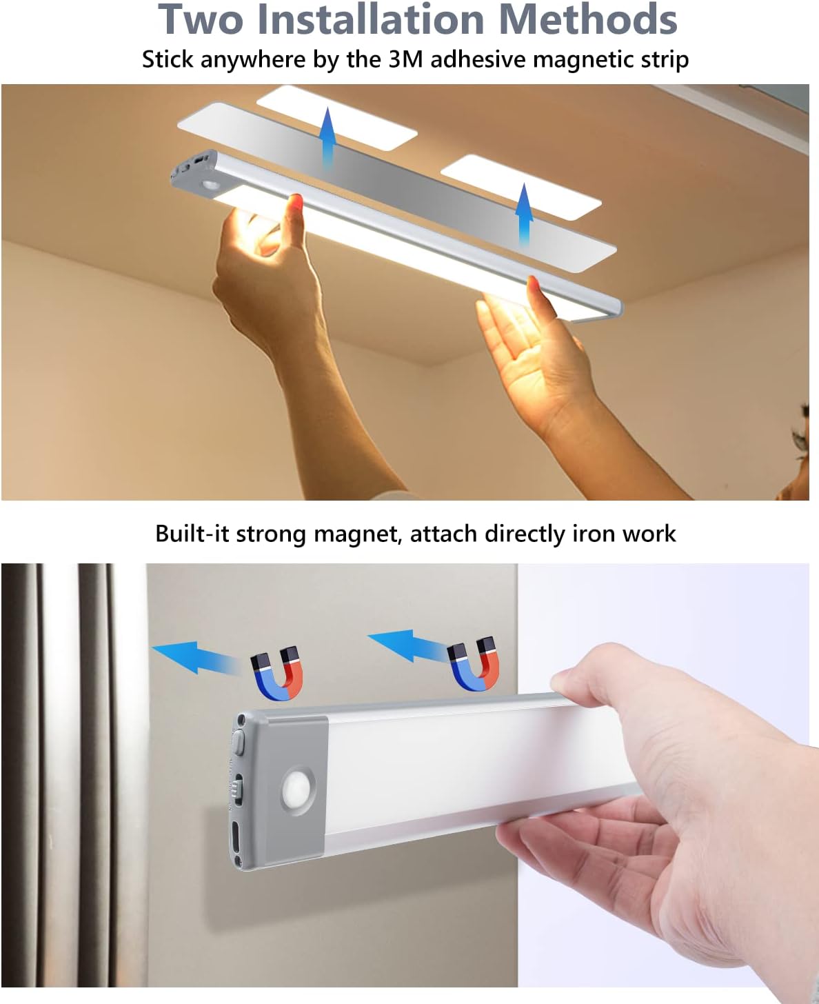 PRIORARE Motion Sensor Under Cabinet Lighting 3 Color Temperatures, 60-LED Wireless Closet Light, USB-C Rechargeable
