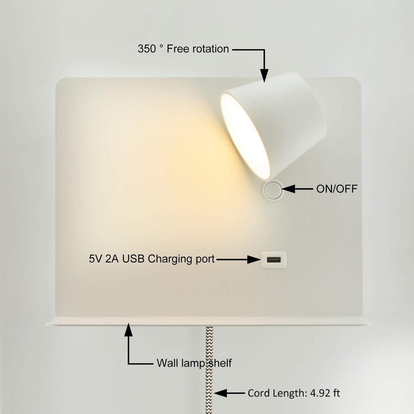 Wall Sconce with USB Port Charging, LED Wall Lamp with Shelf Plug in Cord Reading Lights for Bedside Adjustable