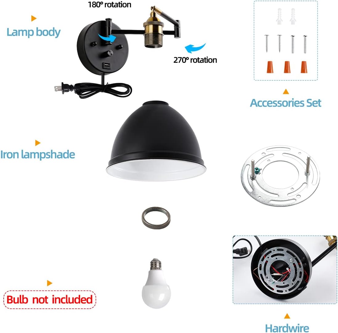 Swing Arm Wall Sconces, Plug-in Wall lamp,Bedroom Wall lamp , White Fabric Shade,,with dimmable Switch and USB Charging