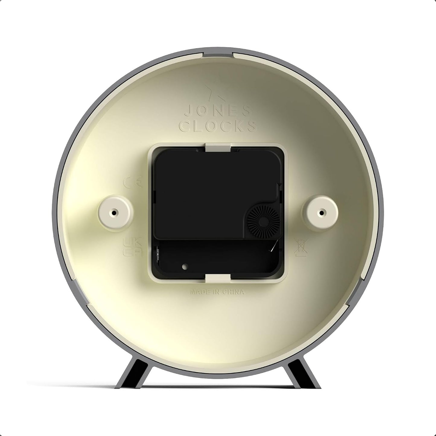 JONES CLOCKS® Venus Desk Clock | Modern Round Design | Gray | Stylish Retro Look for Shelf, Table, Mantel or Bedside