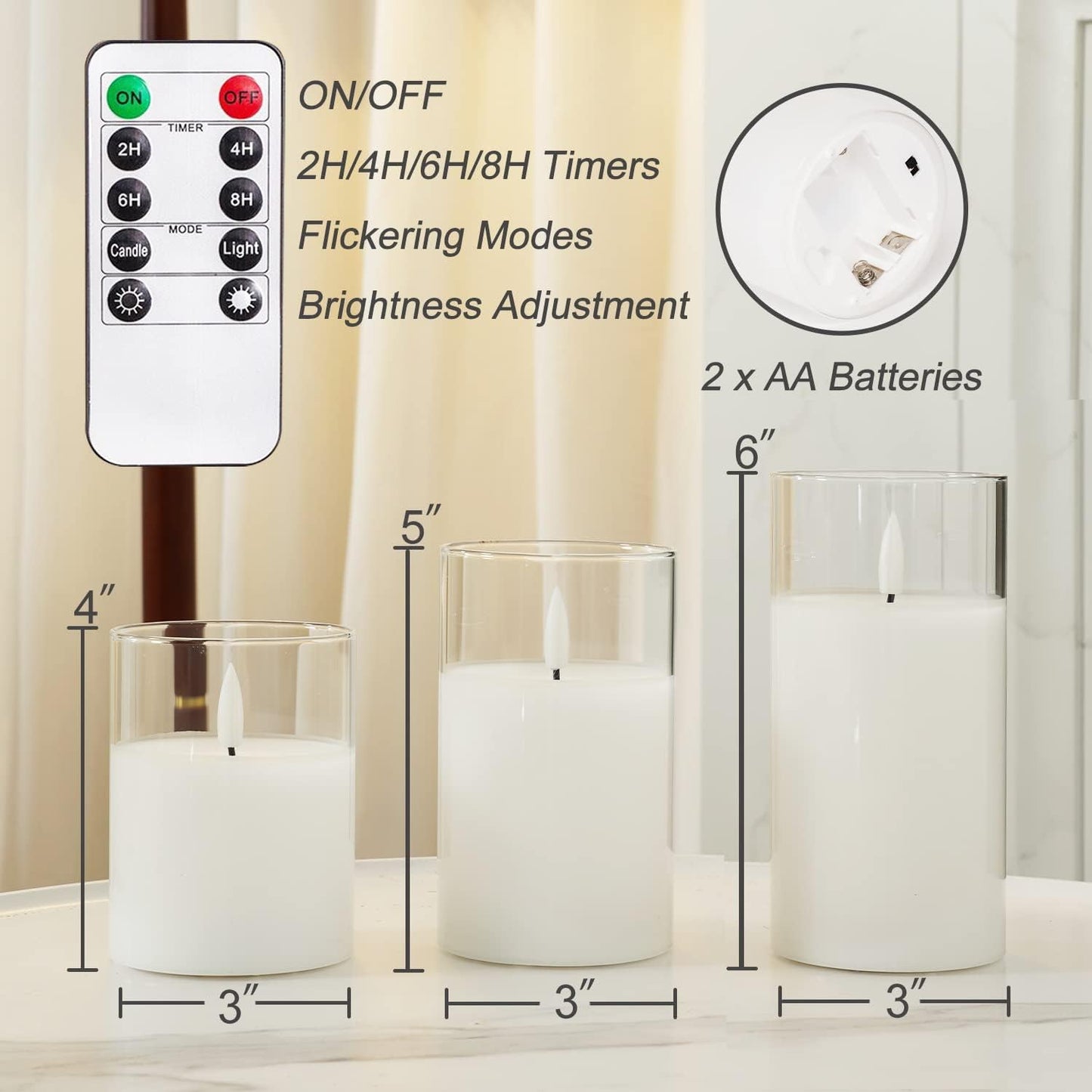 Homemory Pure White Glass Flameless Candles, Real Wax, Remote Timer, 3 Pack | D3"xH4"5"6", battery operated flickering
