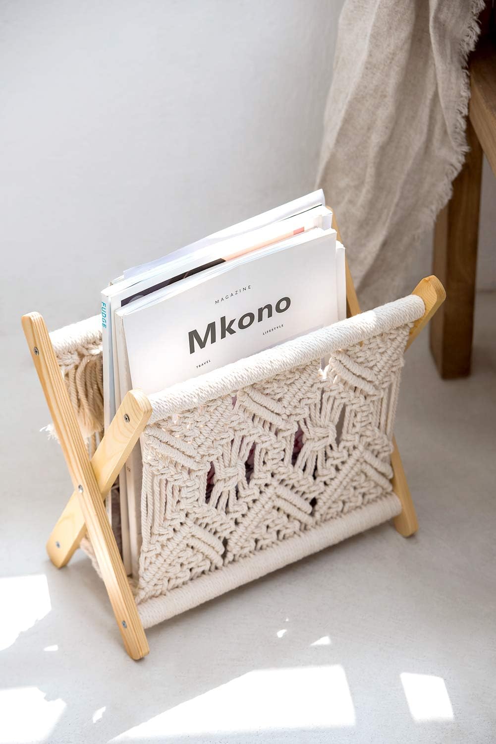 Mkono Macrame Magazine Holder, Boho Woven Book Rack Basket, 11.2"L x 7.5"W | Boho Decor, Mail Paper Vinyl Storage