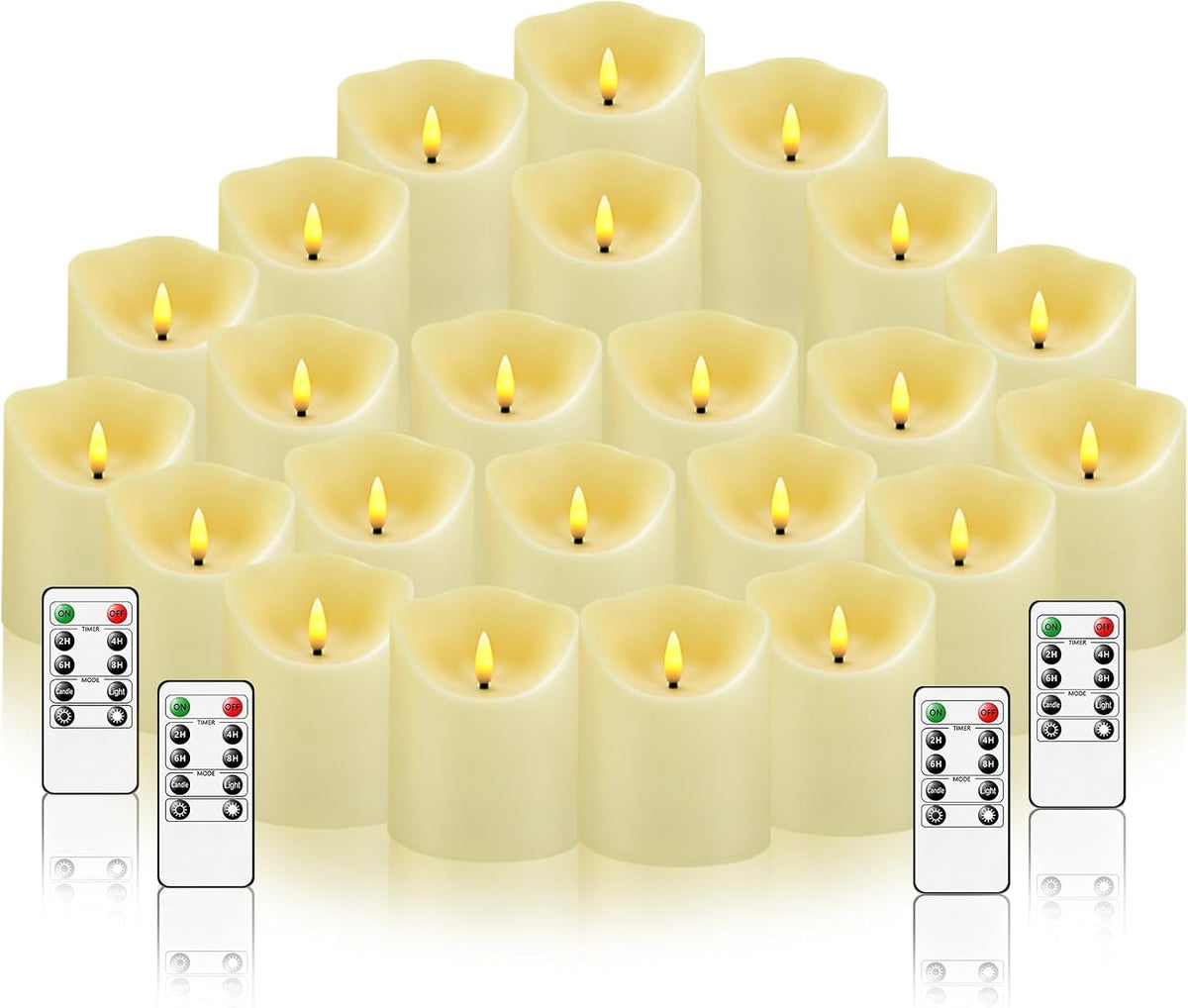 kakoya Flameless LED Candles Battery Operated with Remote and Timer,Flickering Electric Fake Plastic Pillar Candles Set of 24(D3 x H 3" 4" 5") Ivory