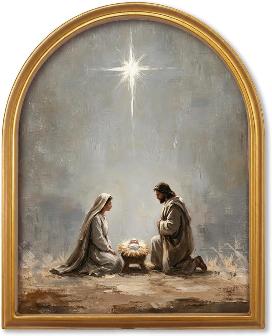 TwoDays Vintage Nativity Scene 11" x 13.8" Gold Arched Framed Wall Art