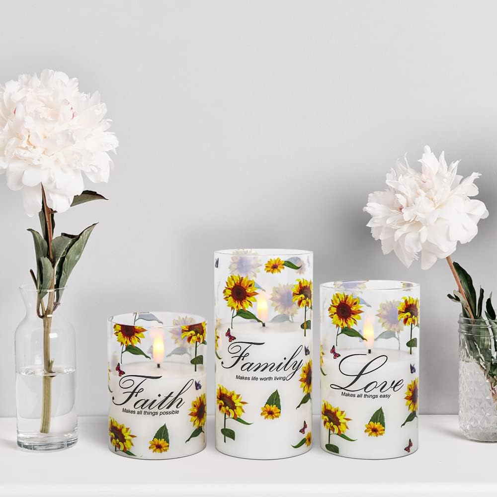 Sunflower Glass Flameless Candles Battery Operated Remote Timer | LED Flickering Pillar Candles, Real Wax 3D Wick Long