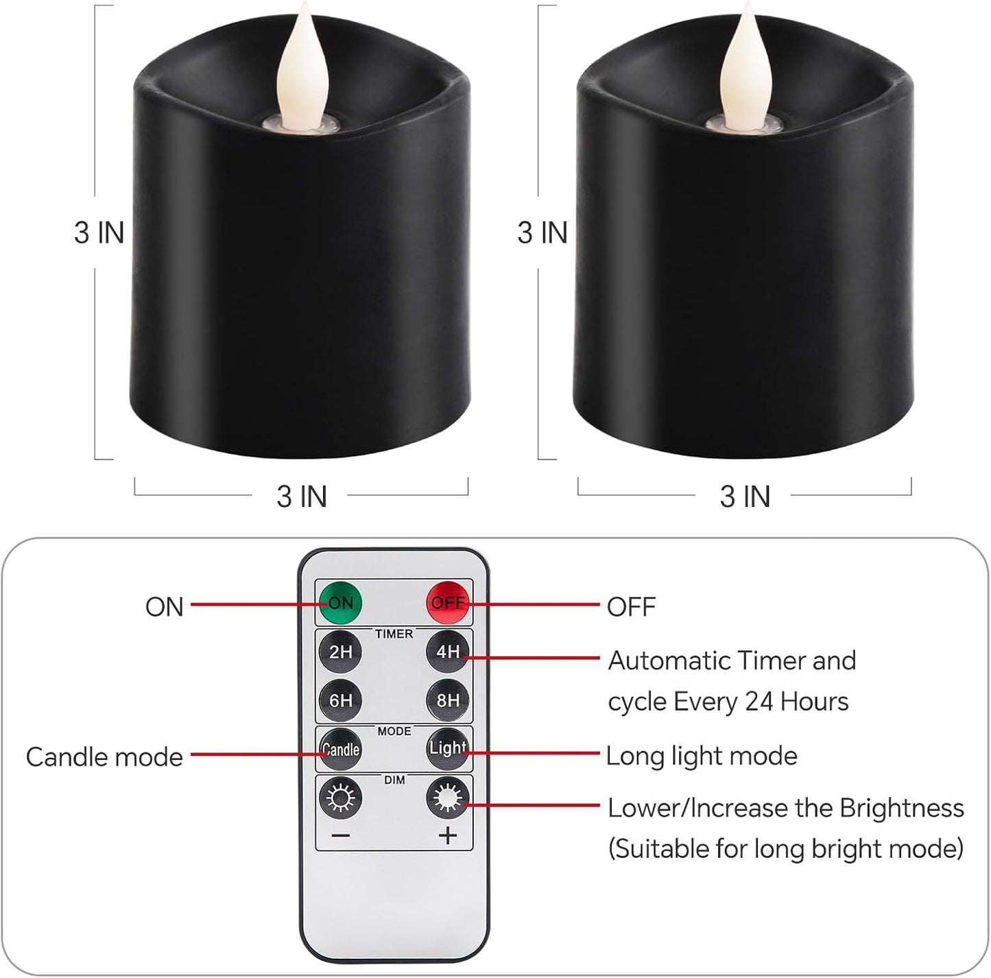 3x3 Flickering Flameless Candles Set of 2, Real Wax LED Candles,with Timer, 3 inch Flameless Candles with