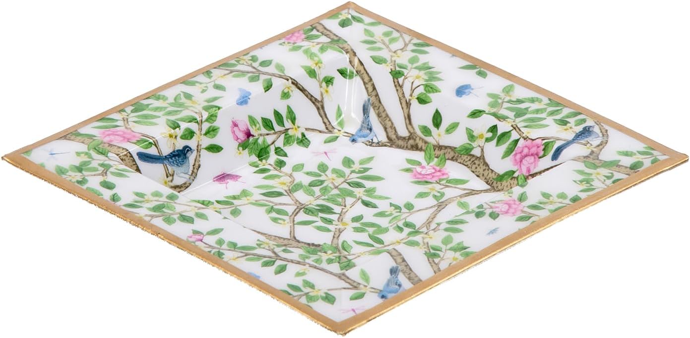 Enameled Metal Vanity Tray / Vintage Botanical / Square / Gold
