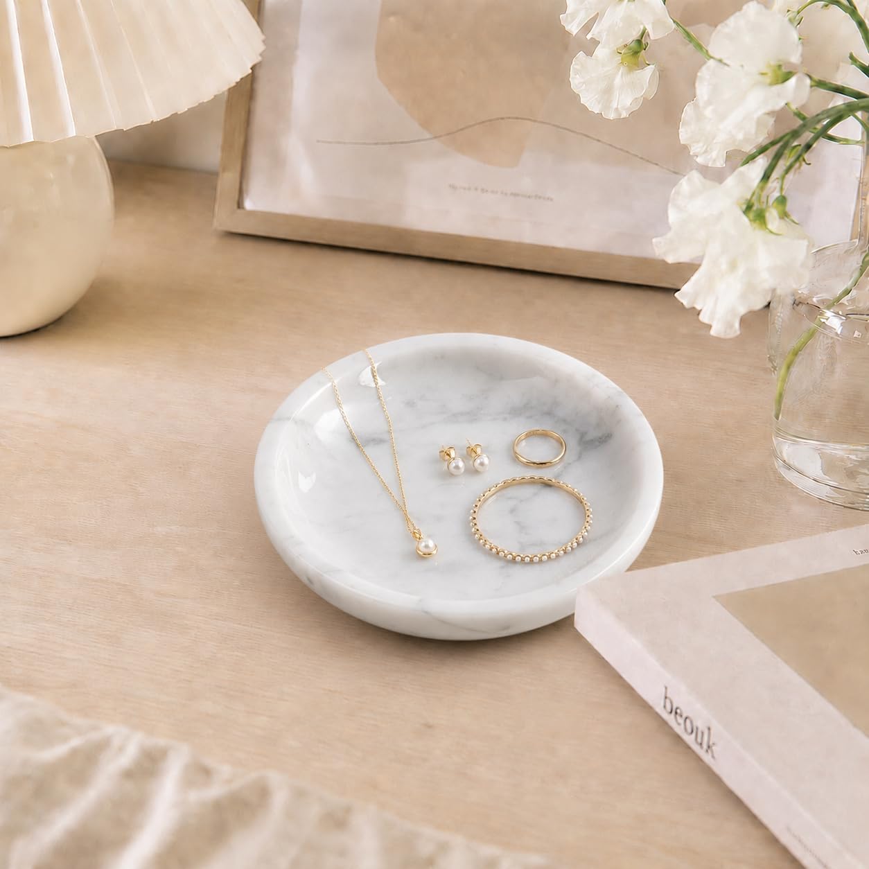 Small Natural Marble Jewelry Tray Key Plate Holder Dish Trinket Decor Catch / Bianco Carrara White