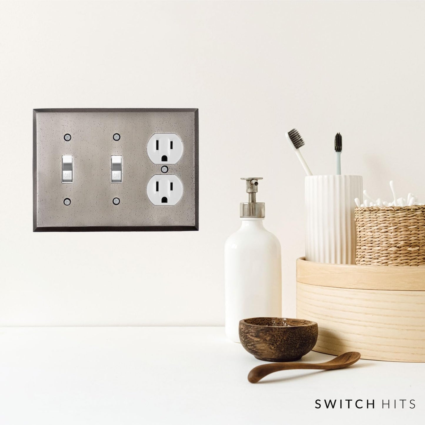 Distressed Antique Pewter Outlet Wall Plate | 2 Toggle - 1 Duplex | 6.25" x 4.5" | Hand-Polished Brass Construction