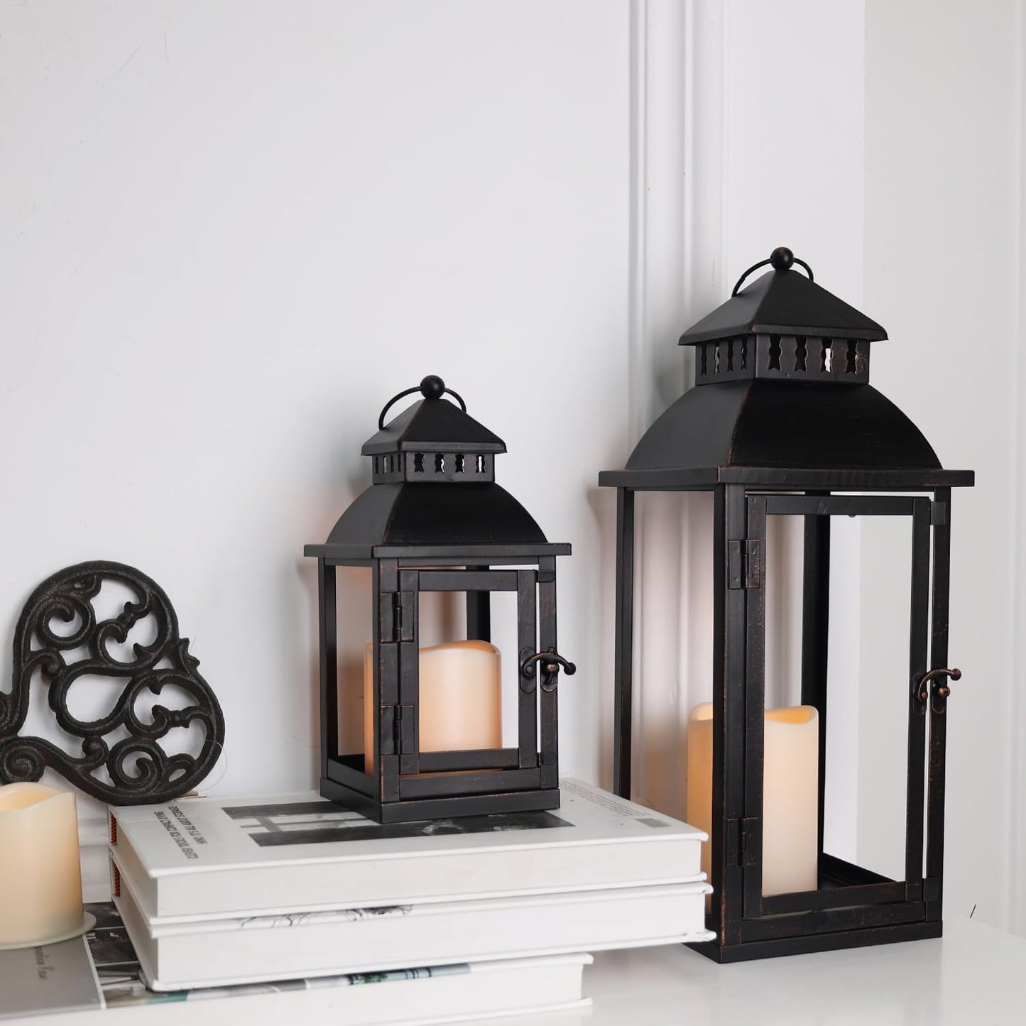 NEEDOMO LED Lanterns Decorative Outdoor&Indoor, Set of 2 Large Bronze Metal Lantern Decor with LED Candle, Lantern