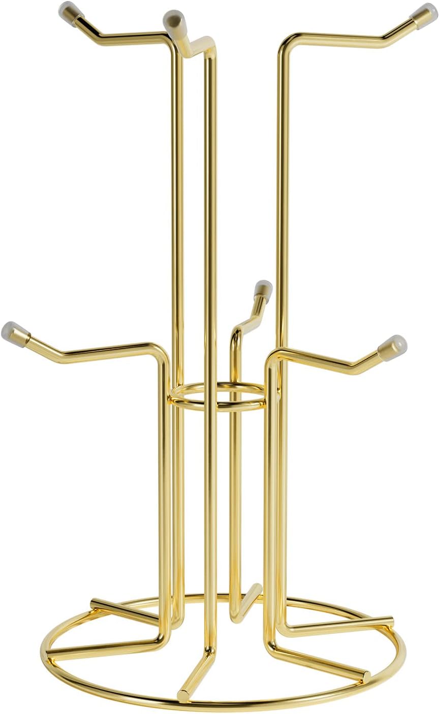 HULISEN Mug Tree for Large Cups, 6 Hook Countertop Coffee Mug Holder, Gold | Cup Rack for Counter, Stable Wide Base