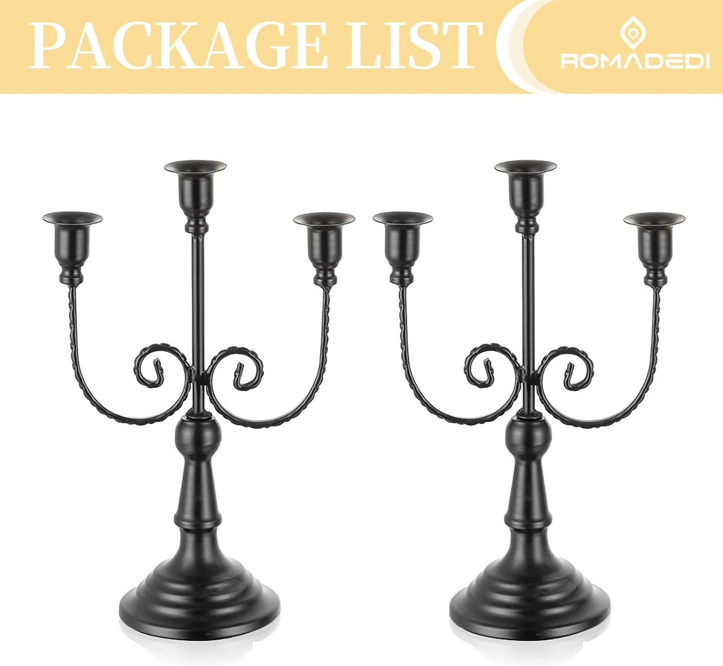 Romadedi Halloween Candelabra, Black 3-Arm Candle Holders, Set of 2 | Metal Taper Candlestick Holder for Mantel, Dining